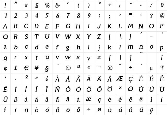 VeracruzSerial-Medium Italic  glyph index