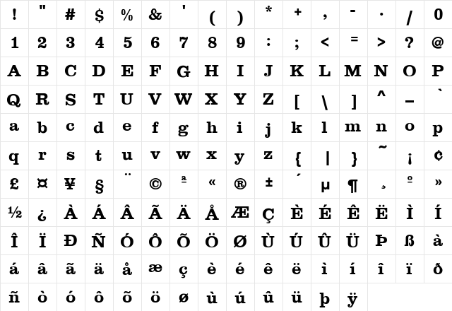Canadian Bold Bold  glyph index