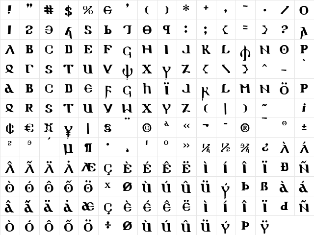 Holy Empire Regular  glyph index