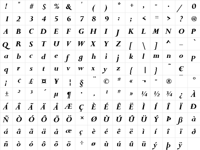 Toujours Bold Italic  glyph index