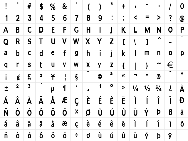 AdamsThin Bold  glyph index