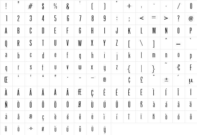 Arizona Regular  glyph index