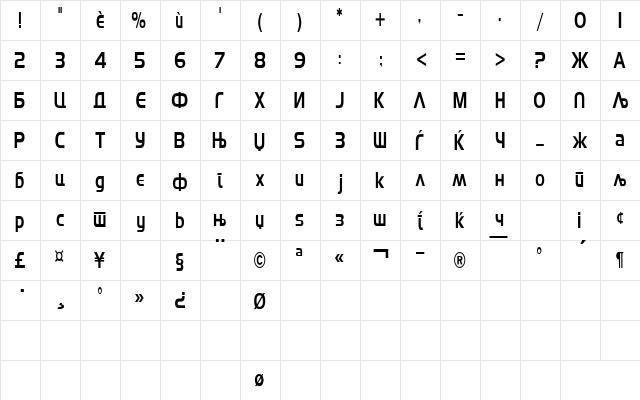 Macedonian Eco 70 Regular  glyph index