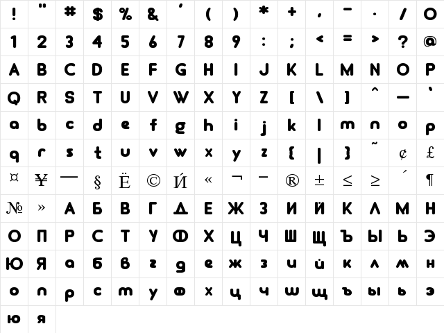 Pollywog Cyr Regular  glyph index