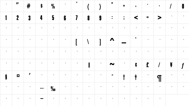BlockGothicExtraBoldExtraCondTab Regular  glyph index