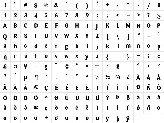 Barmeno Bold  glyph index