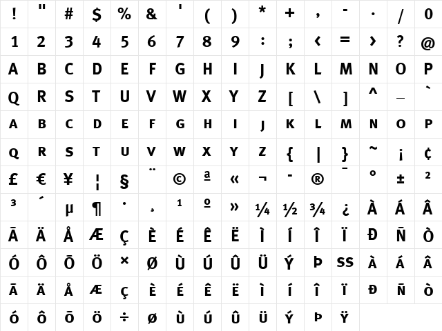 Meta Bold  glyph index