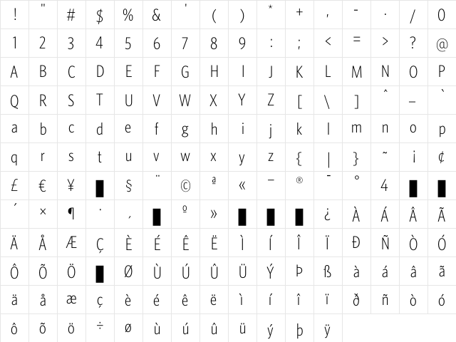 WhitneyCondensed Light  glyph index