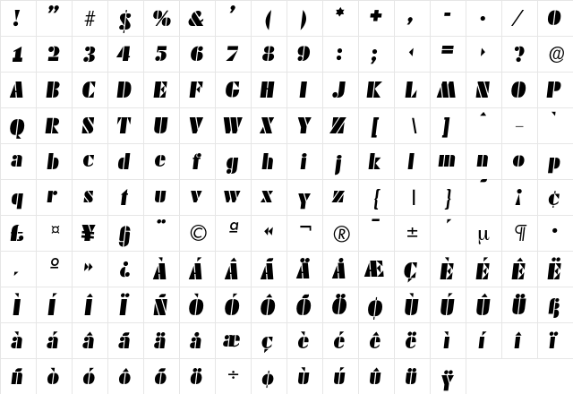 Dekoblack-Italic Regular  glyph index