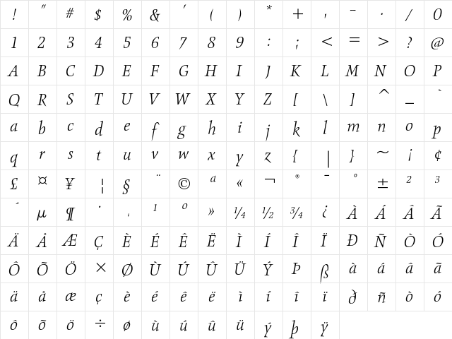 Obelisk ITC Light Italic  glyph index