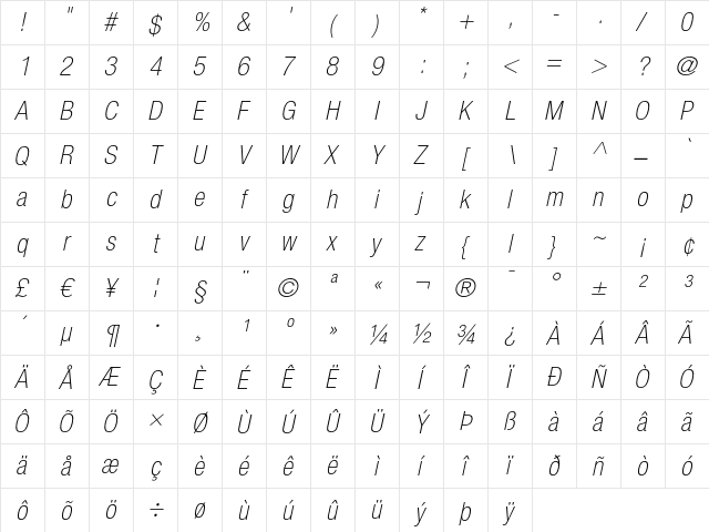 Helvetica Neue LT Regular  glyph index