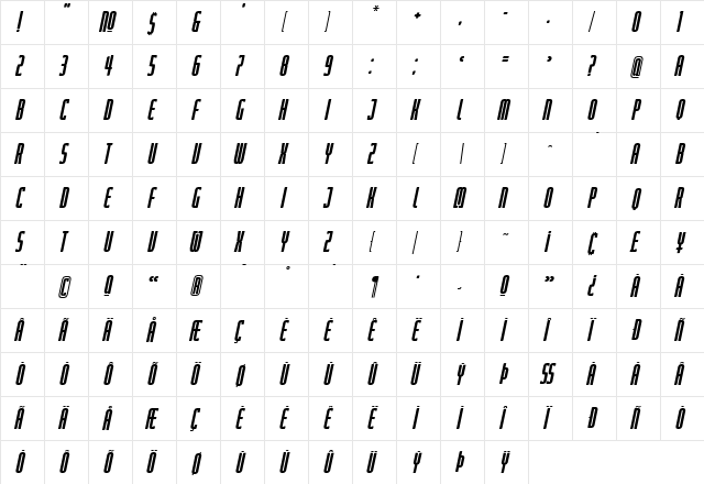 Judgement Italic  glyph index
