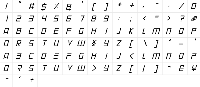 Mars Mission Italic  glyph index