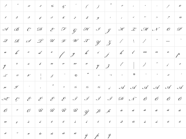 Bickham Script Std Regular  glyph index