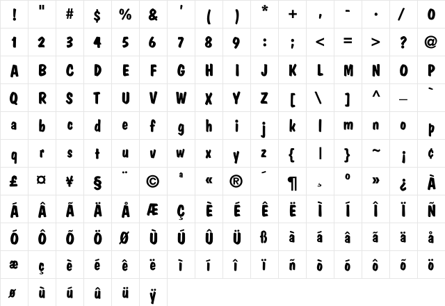 Frazier Bold Regular  glyph index