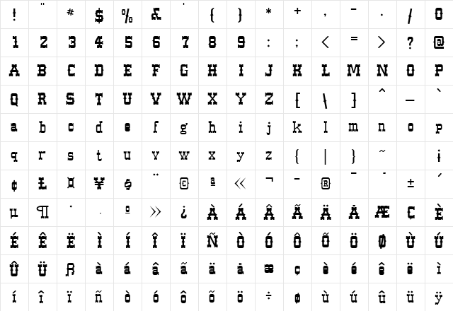 Western Regular  glyph index