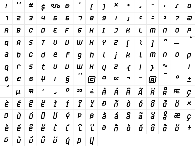 Unisect ExtraBoldOblique  glyph index