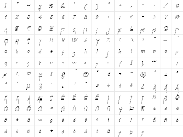 Tablet Hollow Italic  glyph index