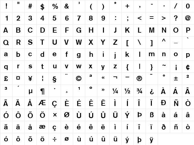 Akzidenz Gr Lt Bold  glyph index