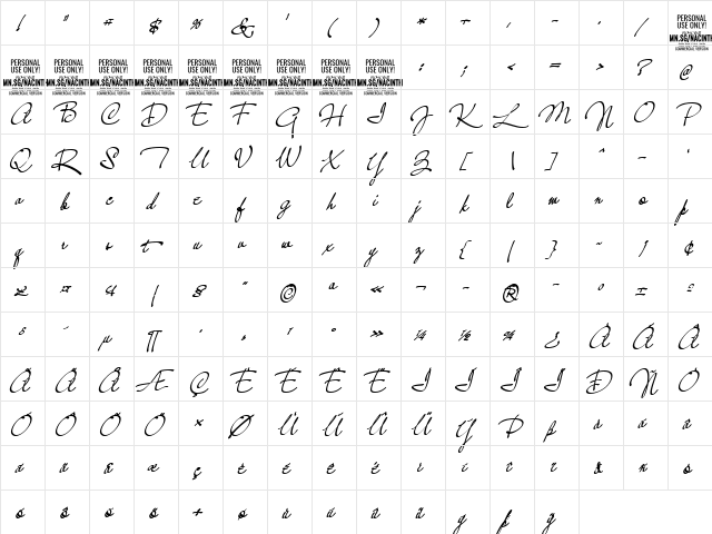 Nacinth PERSONAL USE Bold  glyph index