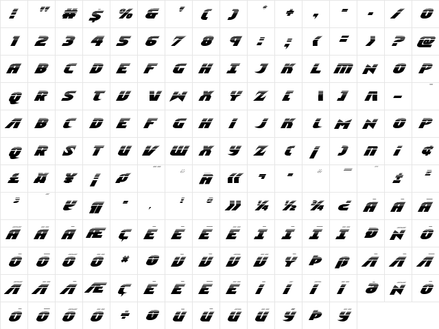 Ninja Garden Halftone Italic Italic  glyph index
