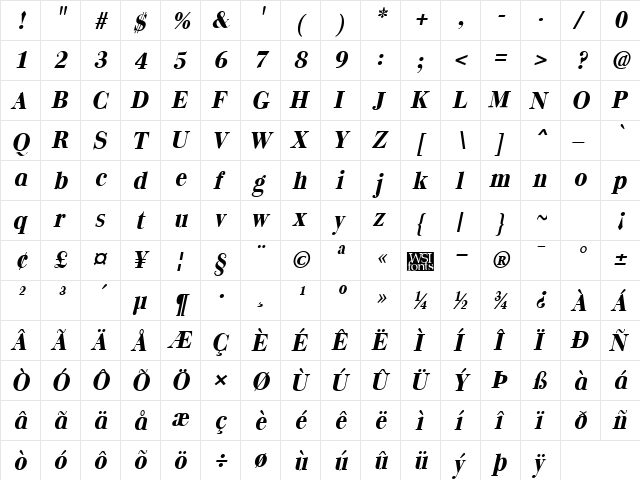 Quantas Bold Italic  glyph index