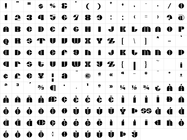 Moxie U  glyph index