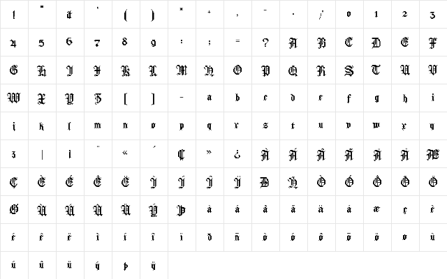 Brodat Regular  glyph index