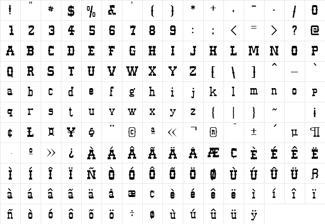Western Regular  glyph index