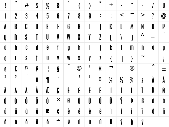 Placard MT Condensed Regular  glyph index