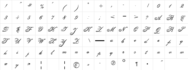 Calligraphia Two Regular  glyph index