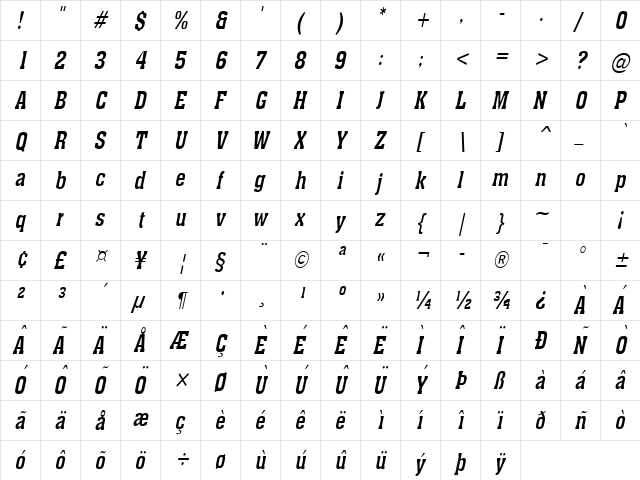 Ache Condensed Italic  glyph index