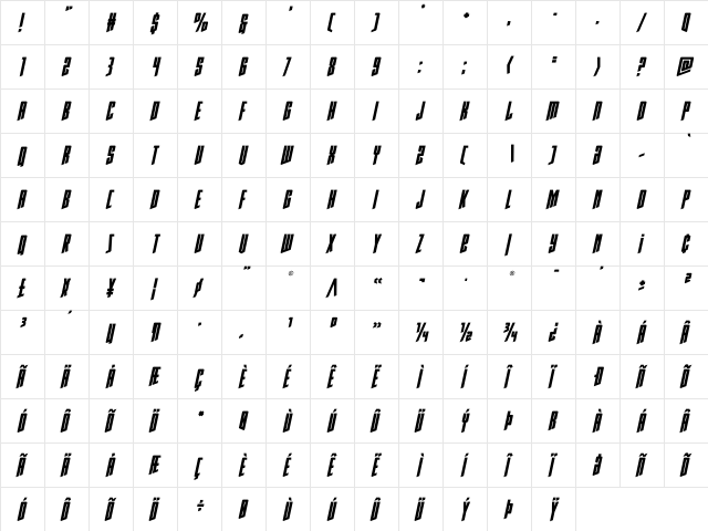 Rhinoclops Italic Regular  glyph index