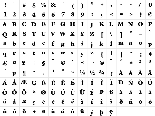 ITC Galliard Ultra  glyph index