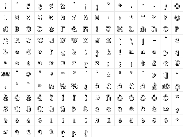 Vlaanderen Shadow NF Regular  glyph index