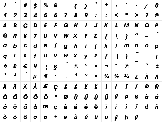 Avignon-Bold Italic  glyph index