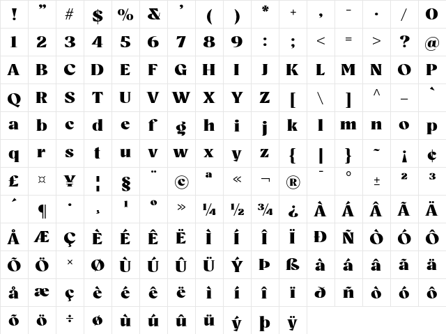 Bovino Trial Black  glyph index