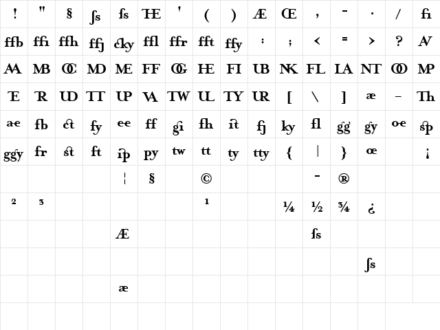 MrsEavesJustLig Bold  glyph index