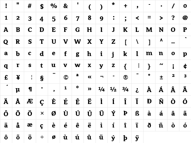 Avance Bold  glyph index