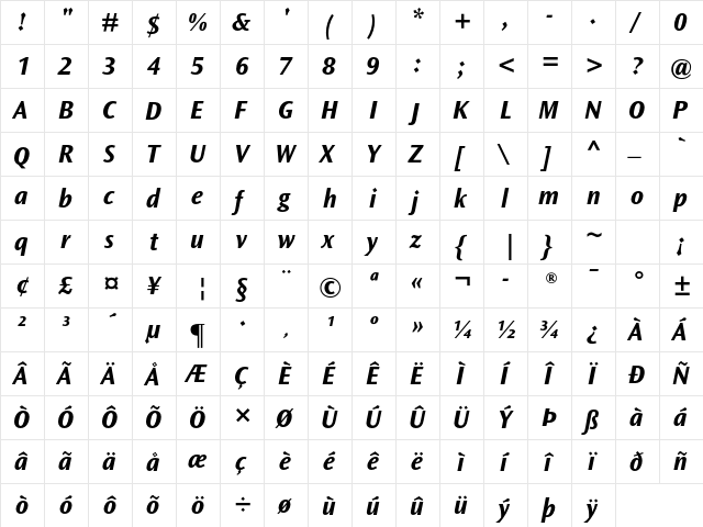 Ocean Sans Std Bold Italic  glyph index