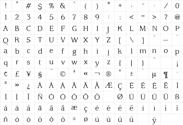 Usherwood Regular  glyph index