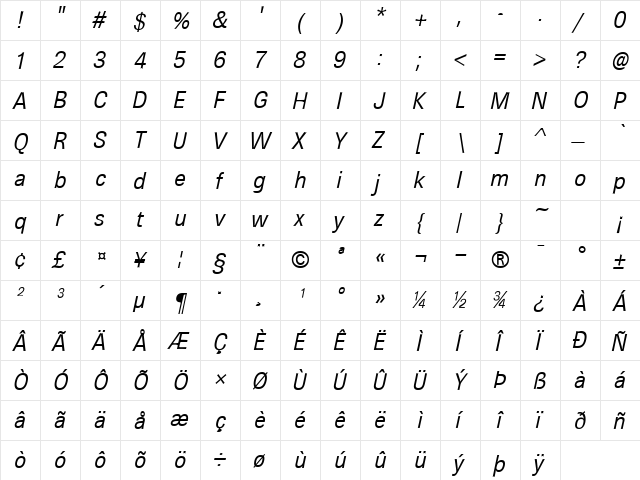 BrownLight Italic  glyph index