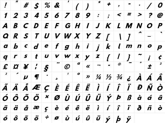 Hussar BdOblThree  glyph index