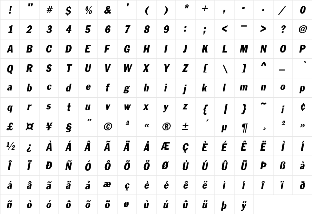 FranklinGothic-Cond-Obl Regular  glyph index