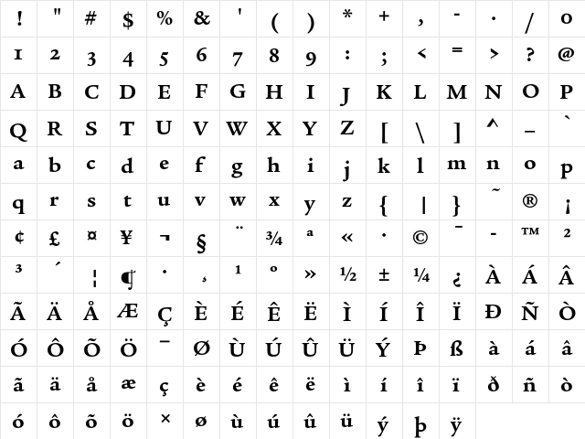 Legacy Serif ITC Bold OS  glyph index