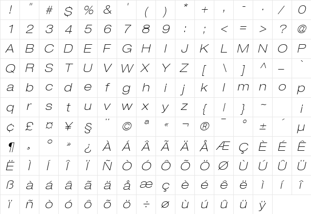 HeaveneticaExtd3 ThinOblSH  glyph index