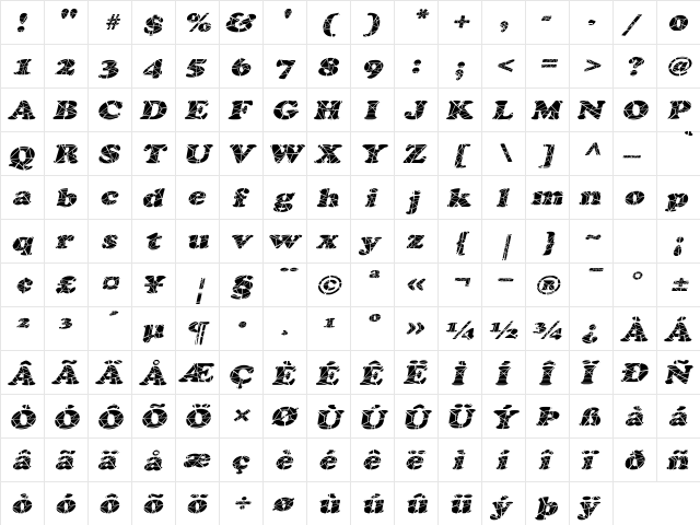 Marshmallow Cracked-Extended Italic  glyph index