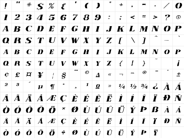 RubberStampExtended Italic  glyph index