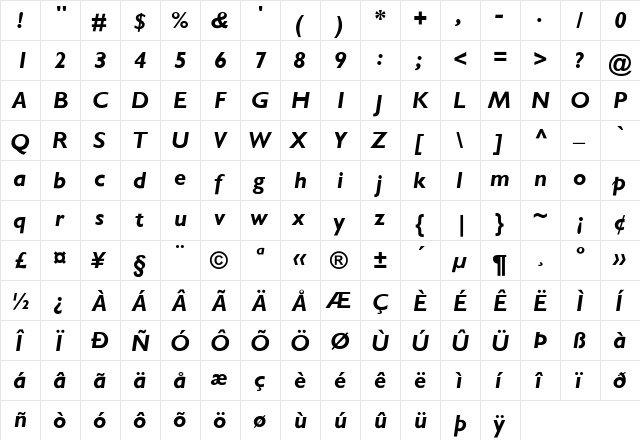 GillSans-BoldItalic Regular  glyph index