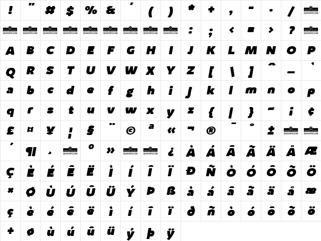 Kabrio Alternate Heavy Italic  glyph index